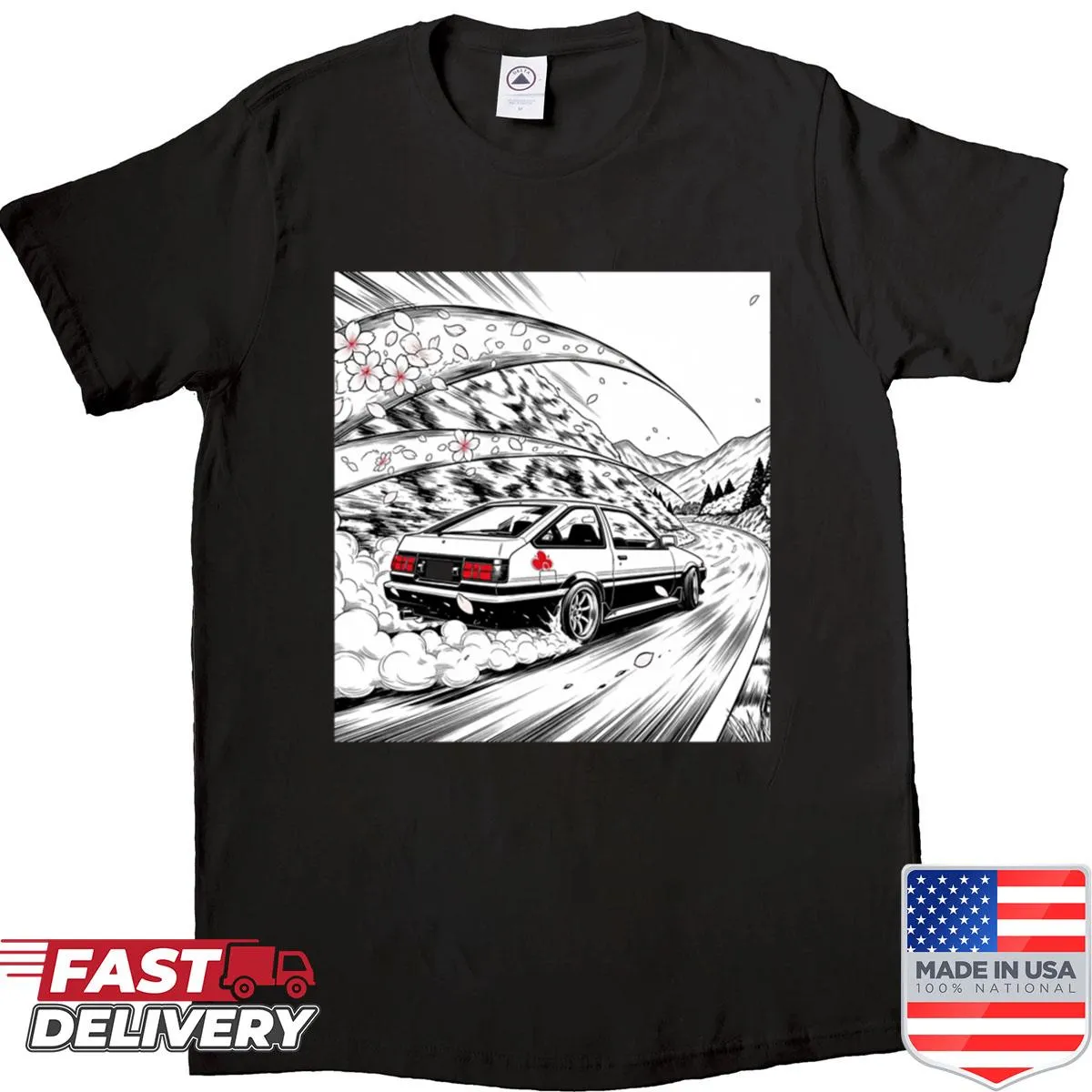 T-shirt featuring Sakura Speedlines graphic with whimsical design.