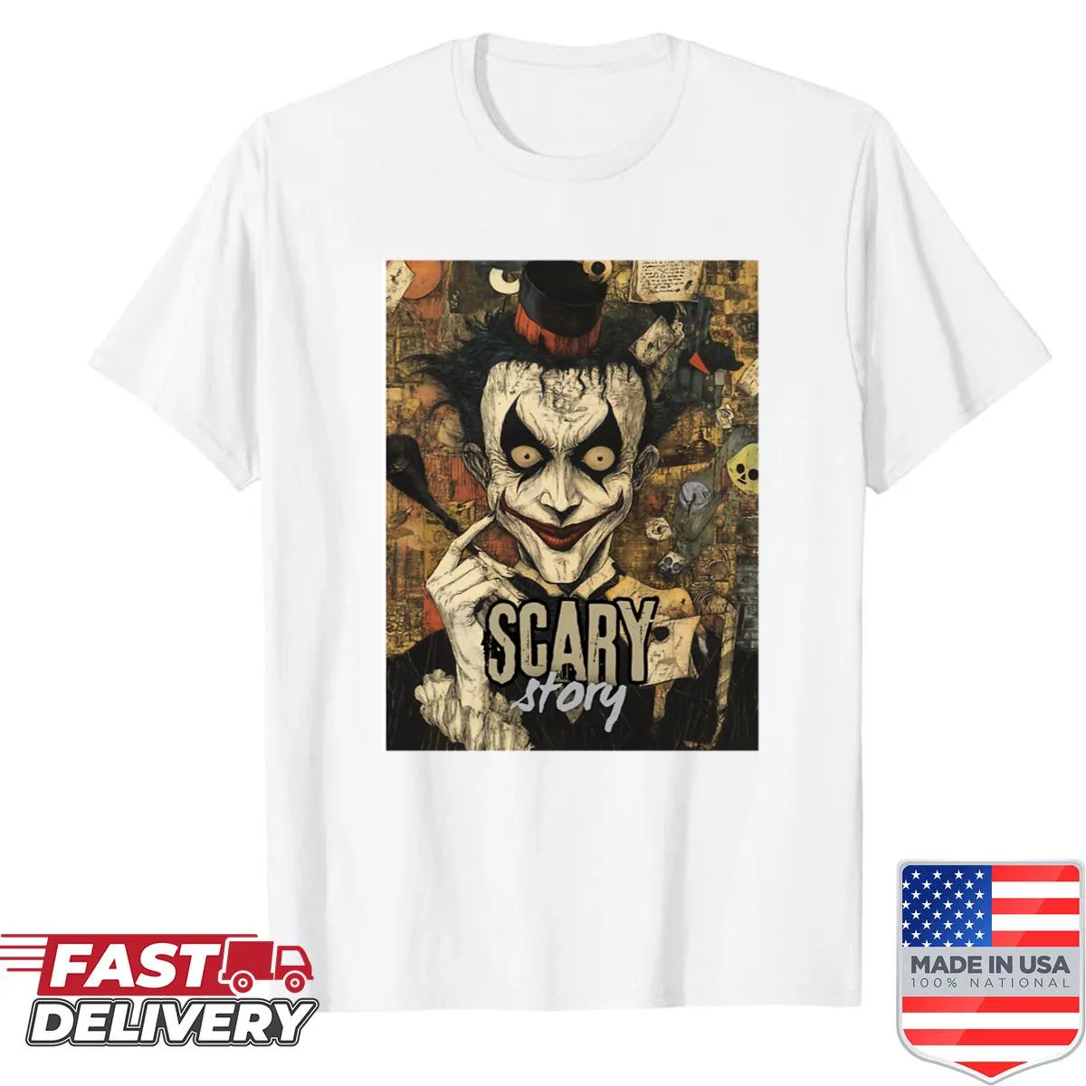 Whimsical horror motifs illustrating the thrill of scary stories on a shirt
