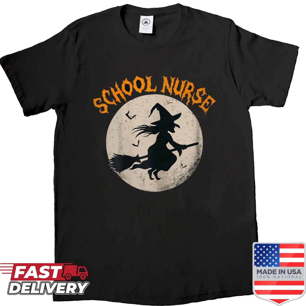 Halloween-themed shirt featuring a witch and nursing elements