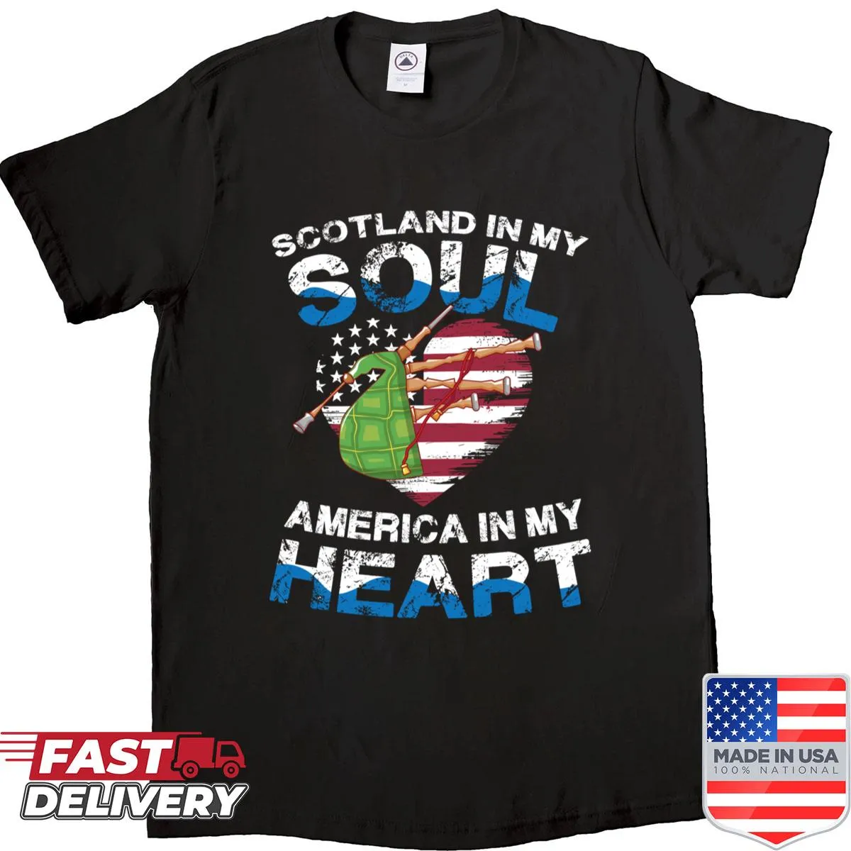 T-shirt with the phrase Scotland In My Soul America In My Heart printed in elegant typography.