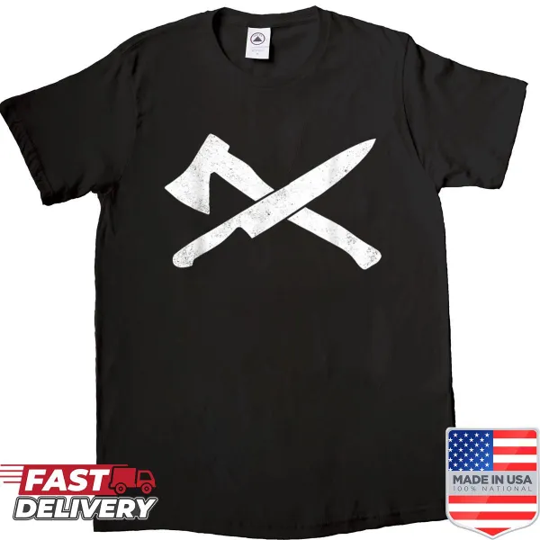Illustration of a Scottish knife and axe on a shirt.