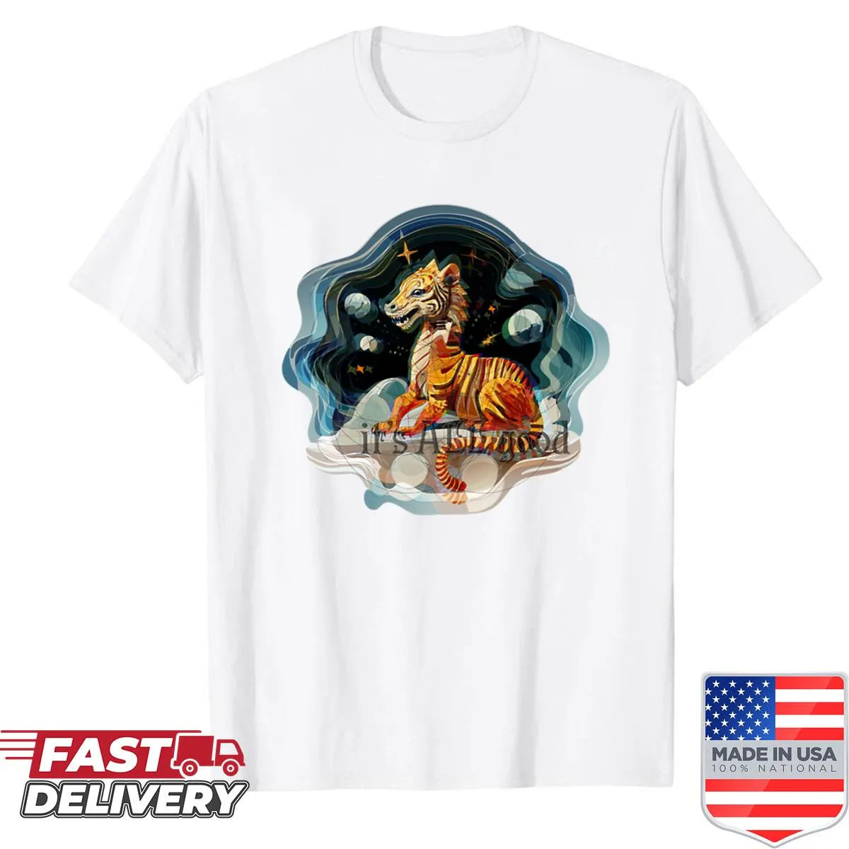 Illustrative shirt featuring a seahorse tiger in space