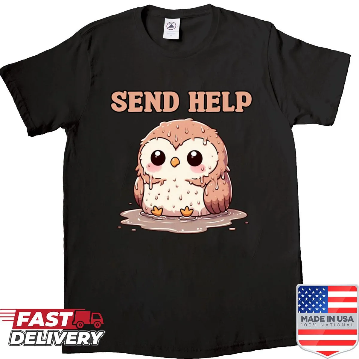 Kawaii wet owl in puddle design shirt with cute meme vibe