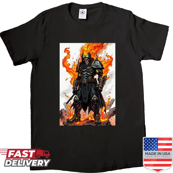 Illustrative design of a warlord surrounded by flames on a shirt.