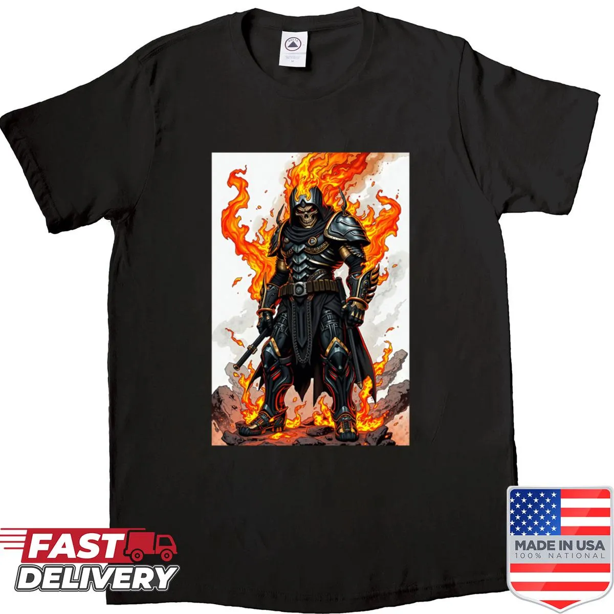 Illustrative design of a warlord surrounded by flames on a shirt.