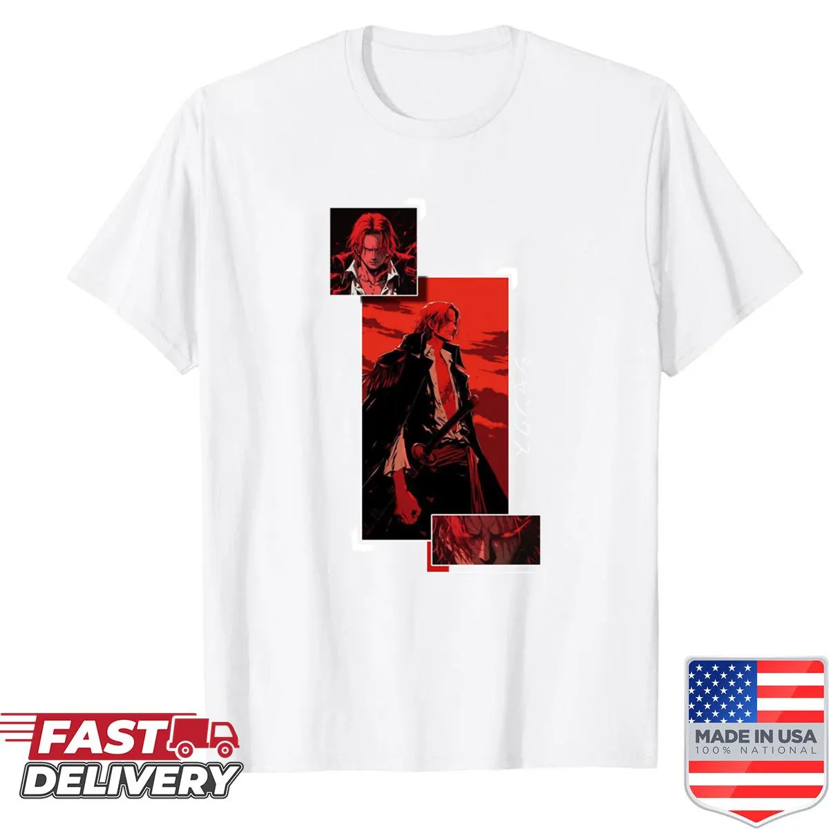 Cartoon design of Shanks from One Piece on shirt