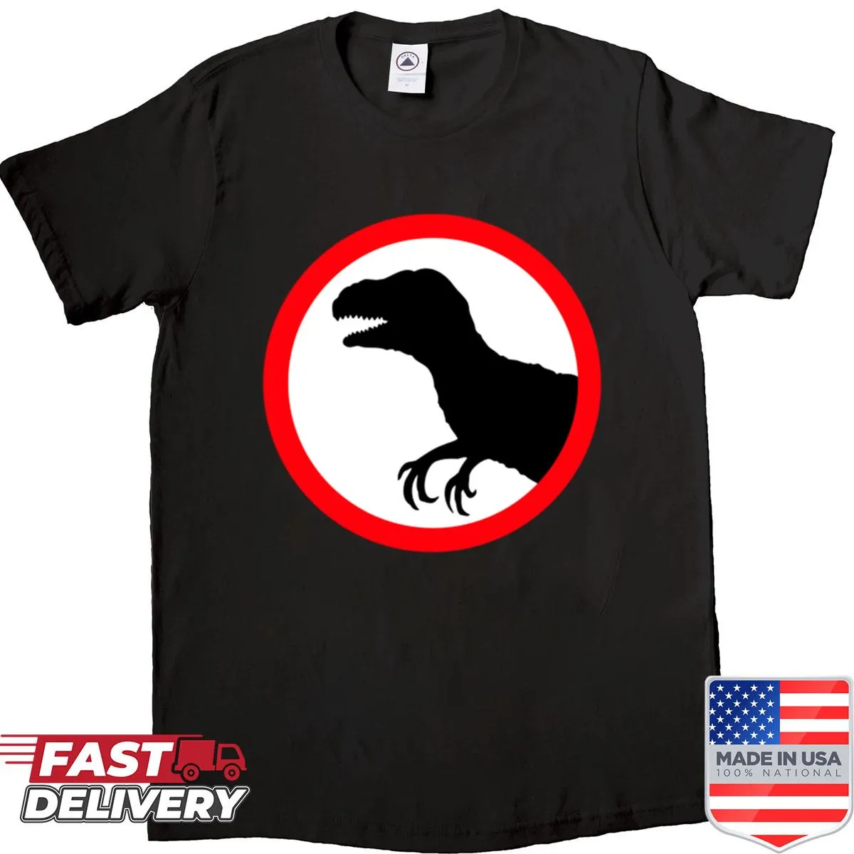 Shirt with illustration of Velociraptor and T-rex warning sign