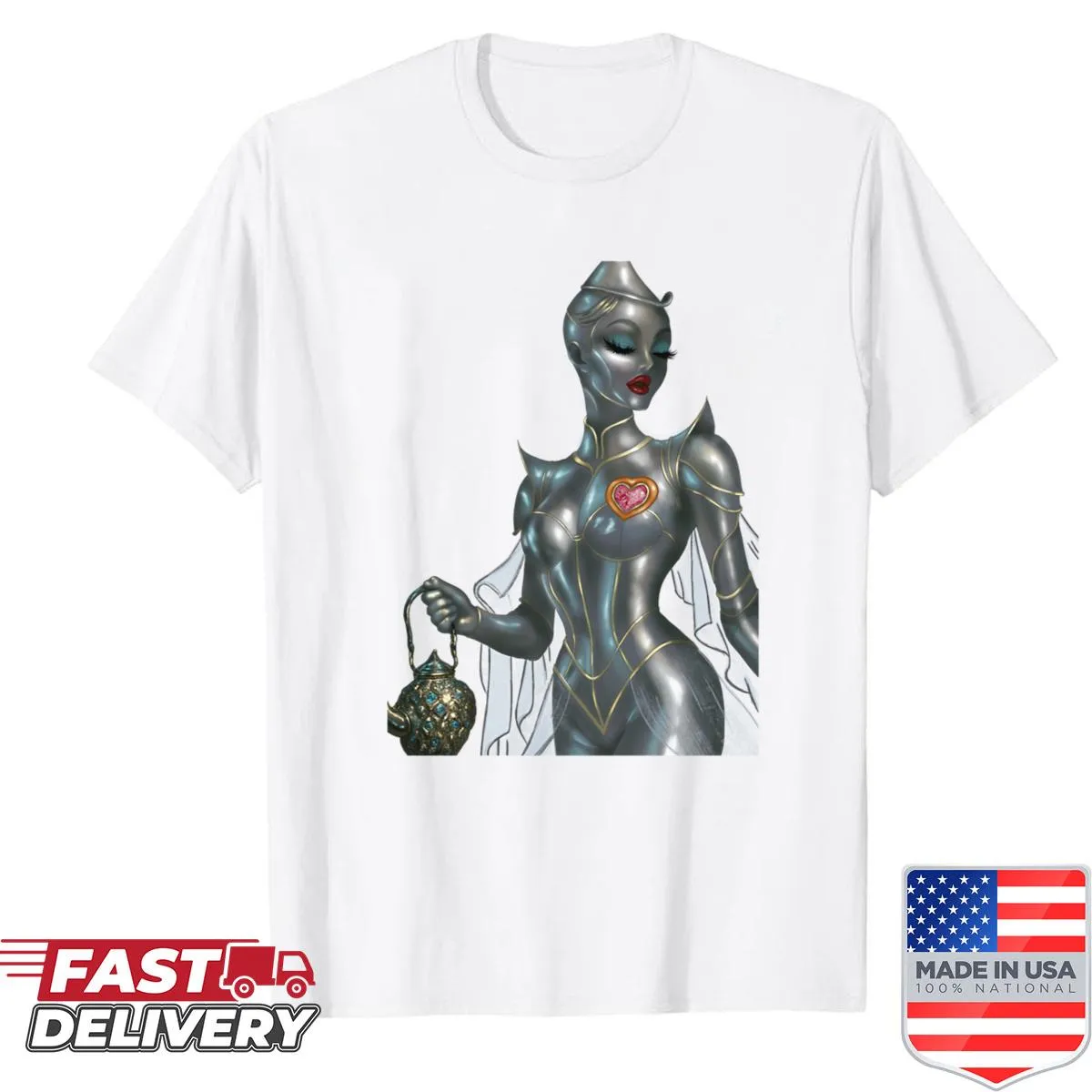 Shirt featuring an abstract design with silver curves