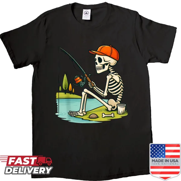 Cartoon skeleton fishing design shirt for kids Halloween.