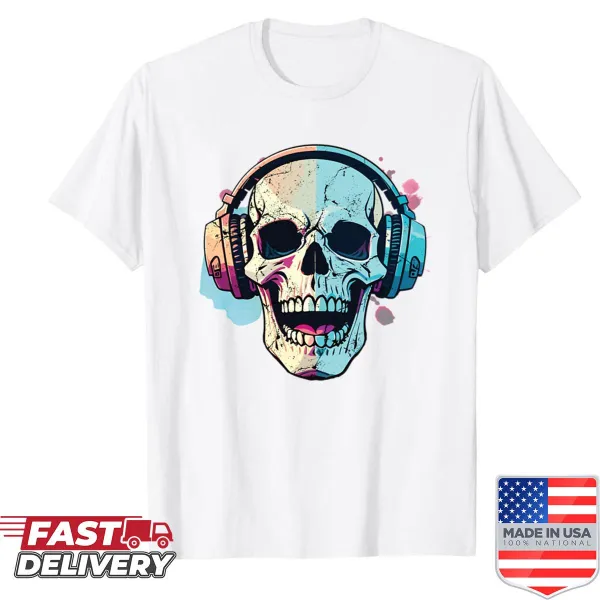 Illustration of a skeleton wearing headphones