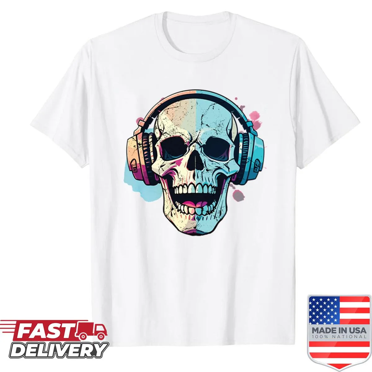 Illustration of a skeleton wearing headphones