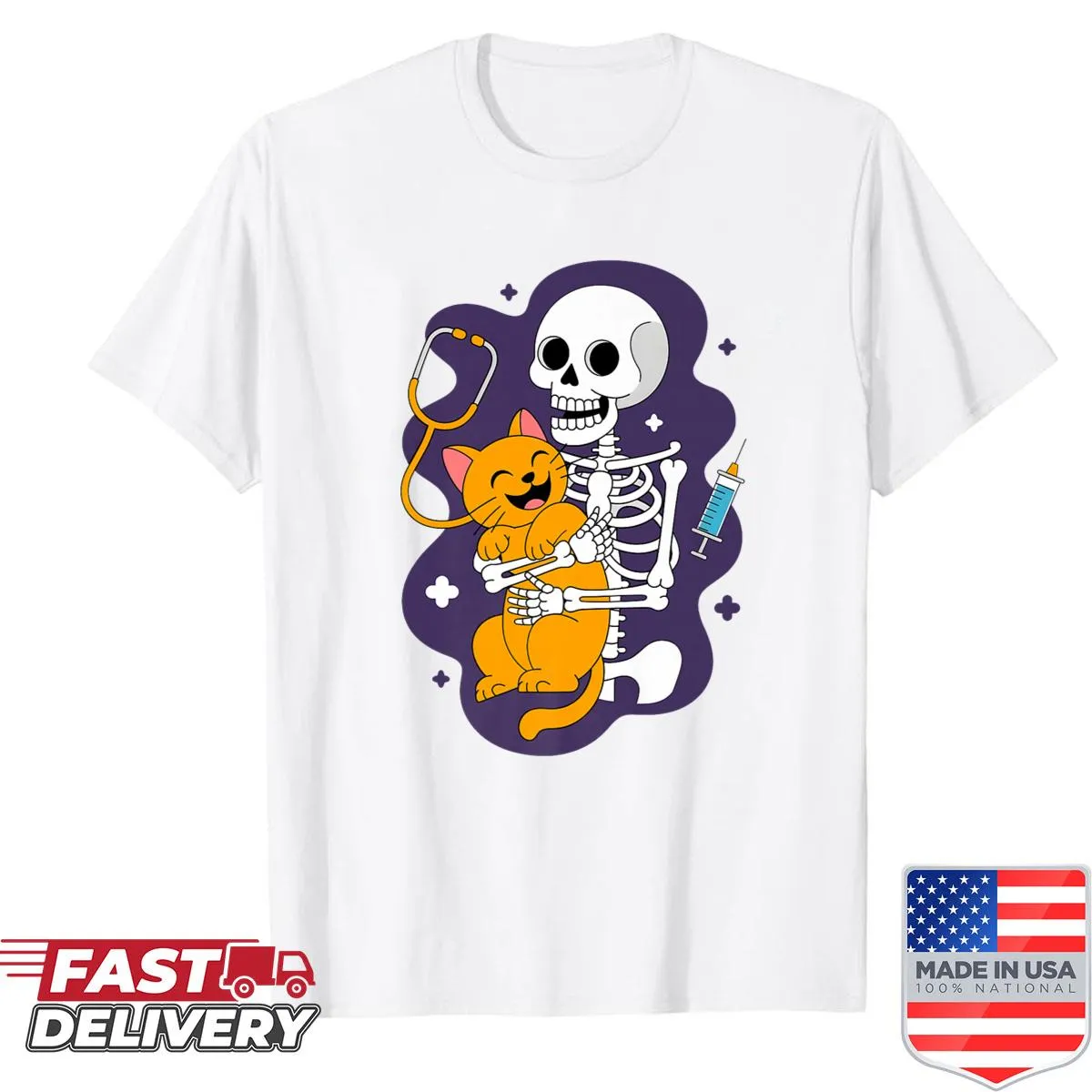 Funny skeleton hugging a cat design for Halloween on a shirt