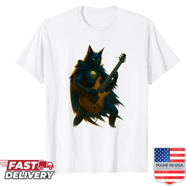 Skull cat playing guitar graphic on shirt