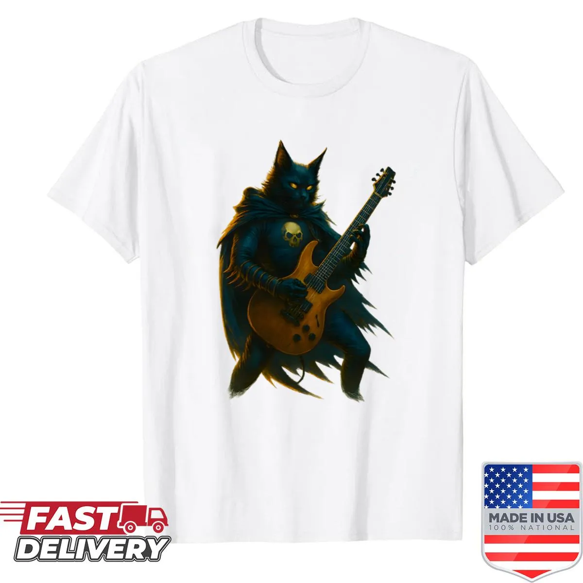 Skull cat playing guitar graphic on shirt