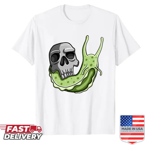 Skull and snail graphic illustration on a casual t-shirt