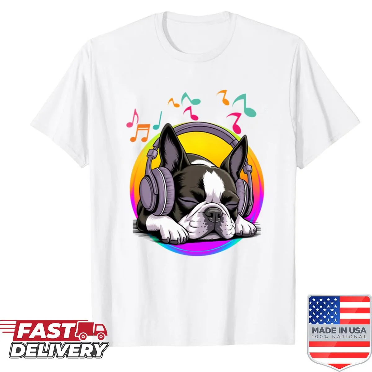 Illustration of a sleeping Boston Terrier dog wearing headphones.
