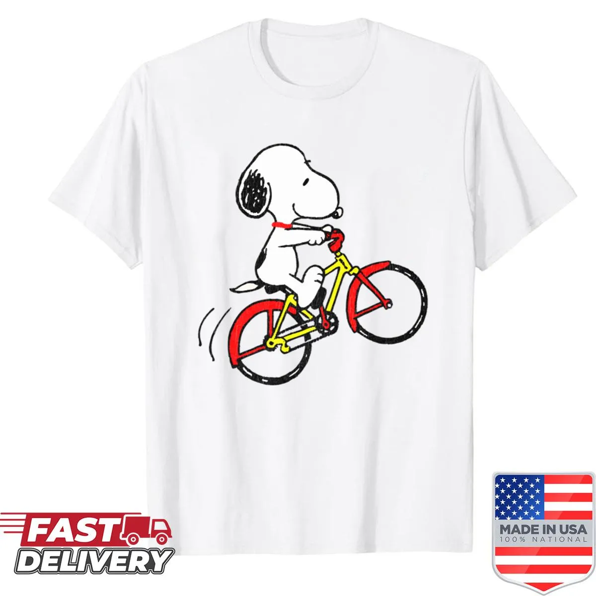 Vintage Snoopy riding a bike cartoon graphic on a shirt