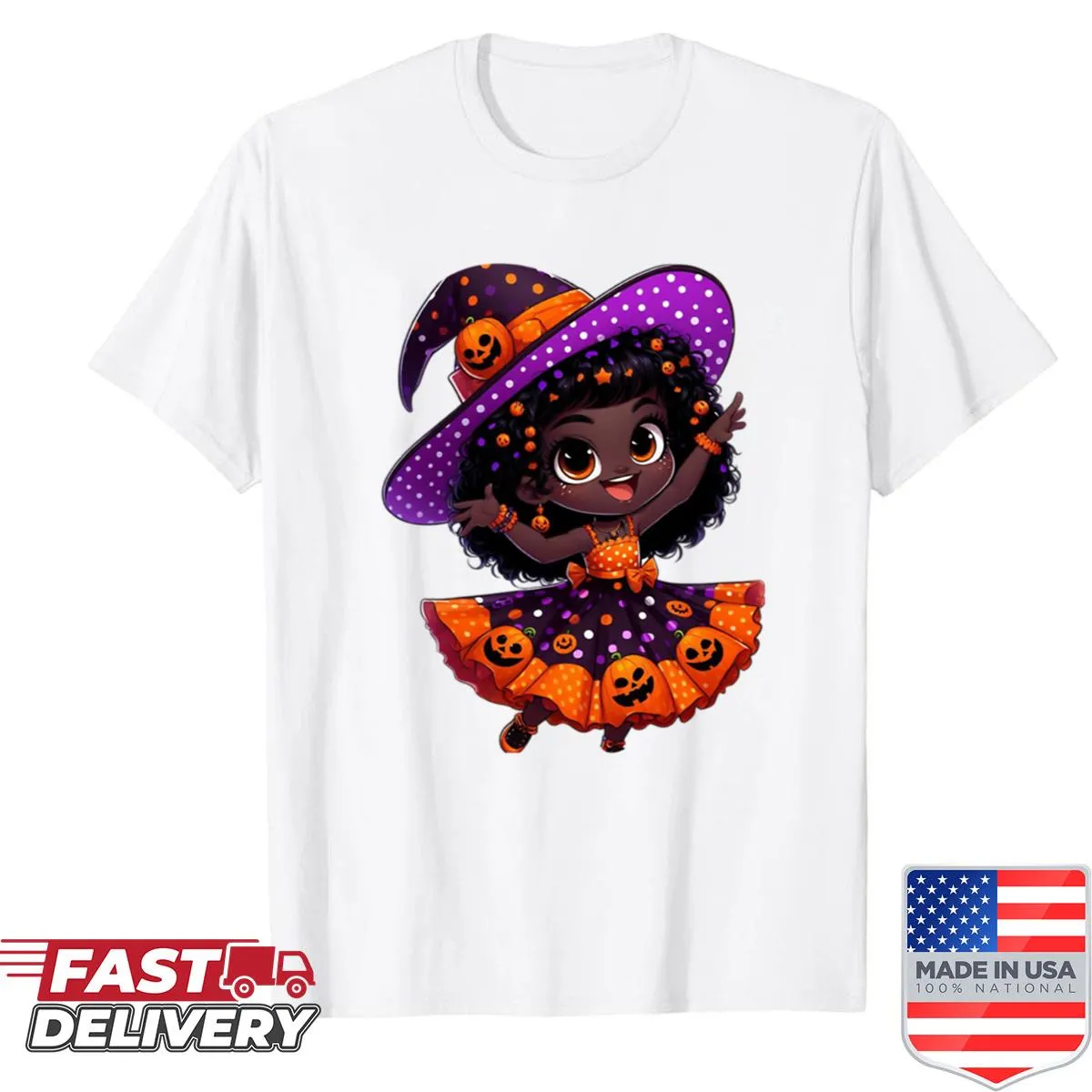 Illustration of an Afro girl with Halloween elements