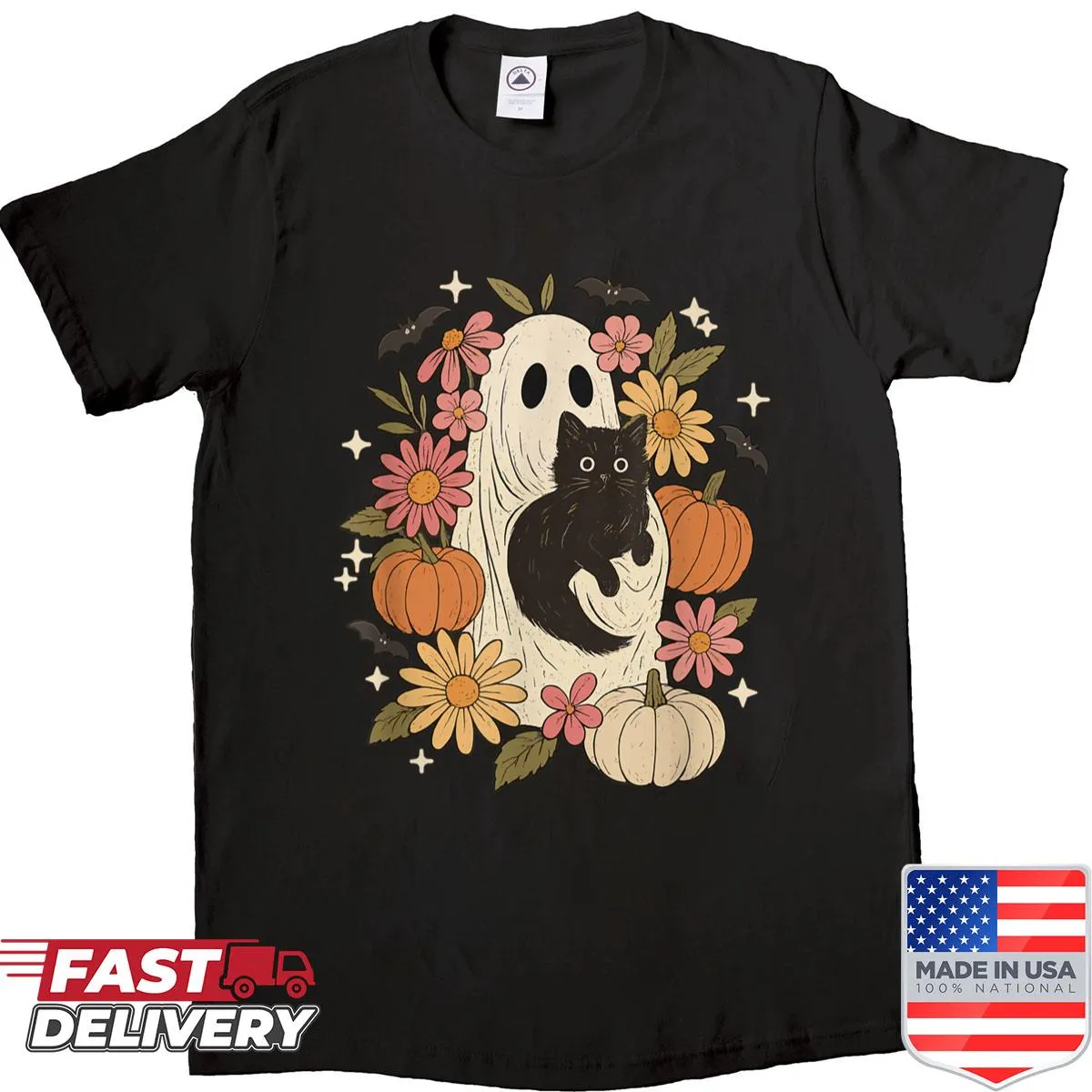 Illustration of a black cat with floral designs and Halloween elements