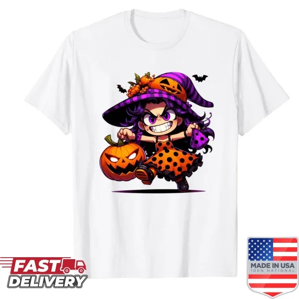 Cute white witch illustration on a girls' shirt