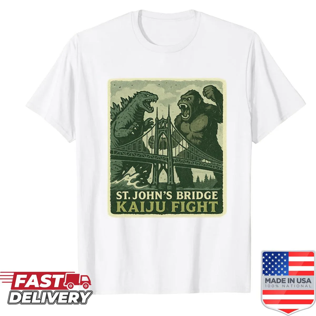 Kaiju fight graphic shirt featuring St. Johns Bridge