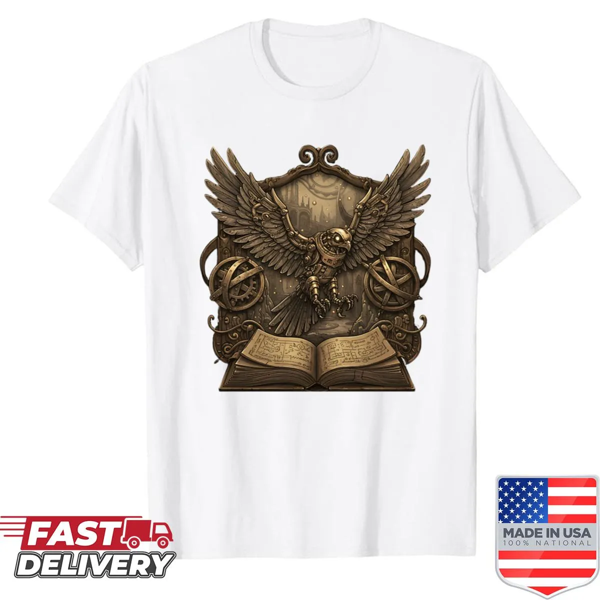 Steampunk-themed shirt with a mechanical hawk emblem.
