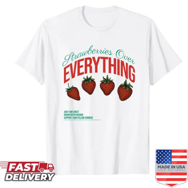 Retro shirt featuring a strawberry graphic and playful text.