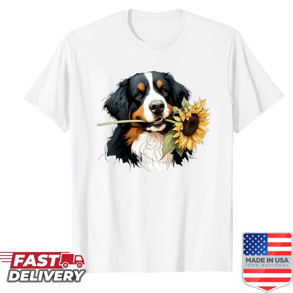 Illustrated Bernese Mountain Dog surrounded by sunflowers on a shirt