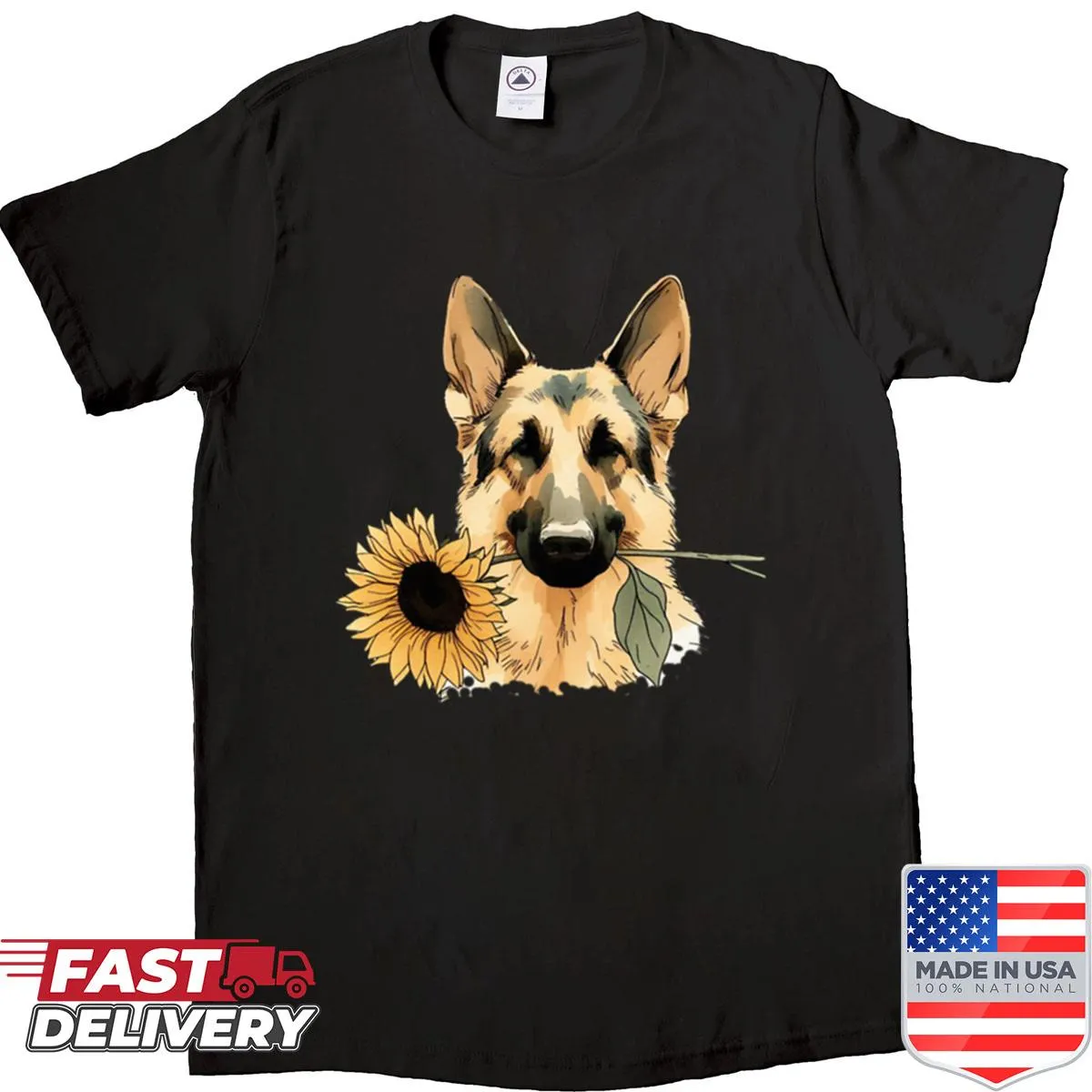 Illustrative shirt featuring a German Shepherd with sunflowers