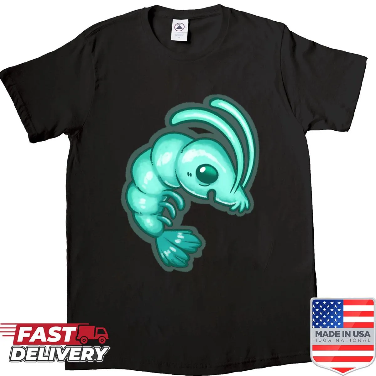 Edgy radioactive shrimp design on a t-shirt