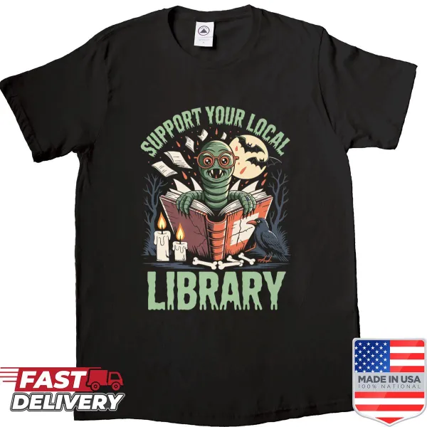 Cartoon bookworm among gothic horror elements on a T-shirt