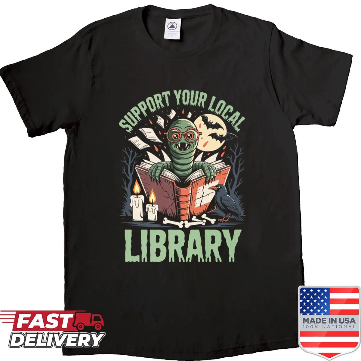 Cartoon bookworm among gothic horror elements on a T-shirt