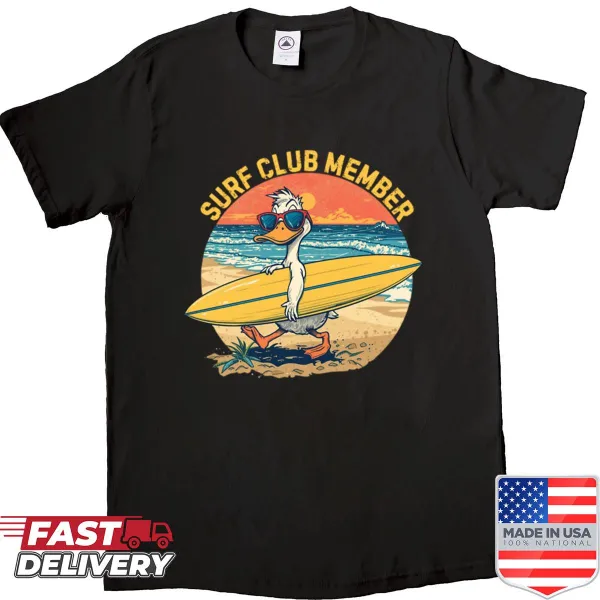 Cartoon duck surfing on a board with sunglasses