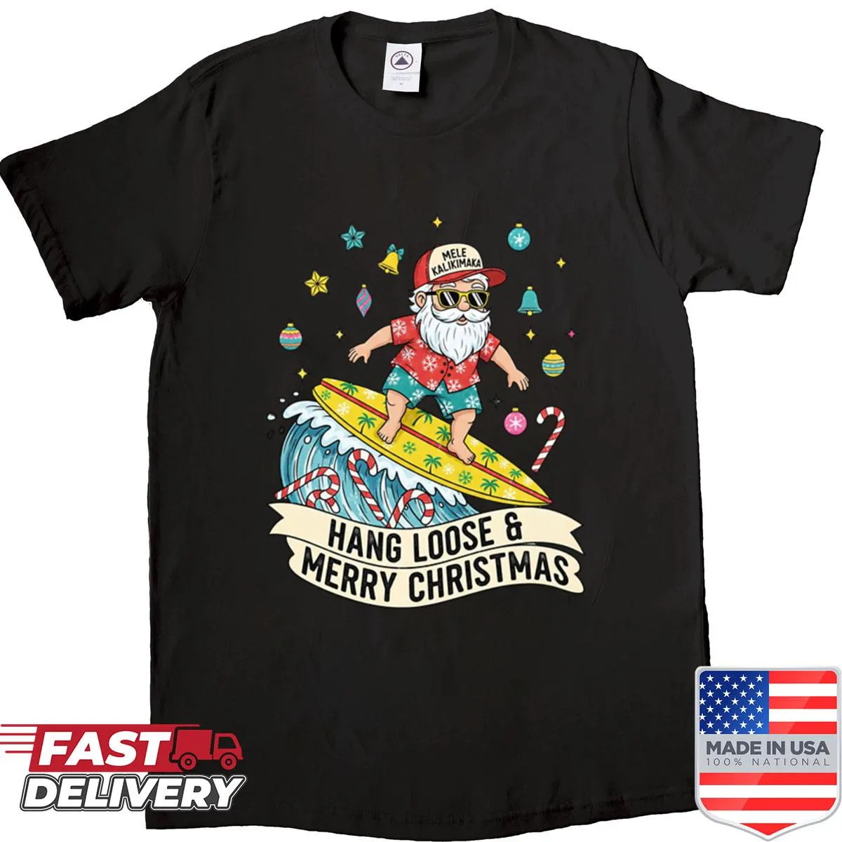 Playful surf-themed Christmas shirt design