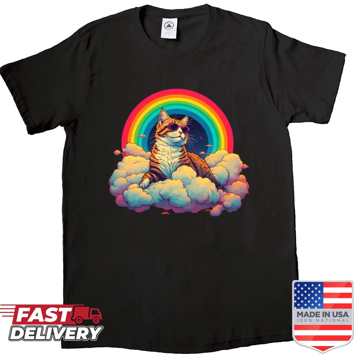 Retro cat graphic with sunglasses and rainbow aura design