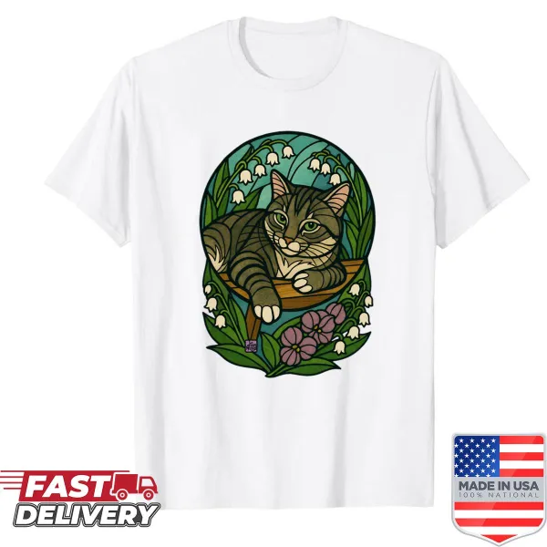 Illustrated tabby cat design in vitraux style