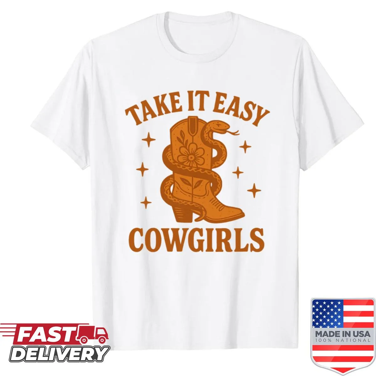 Retro cowgirl-themed T-shirt featuring a snake design.