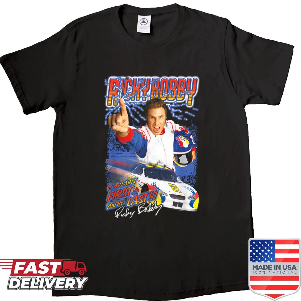 Retro-style shirt featuring a Ricky Bobby collage from Talladega Nights