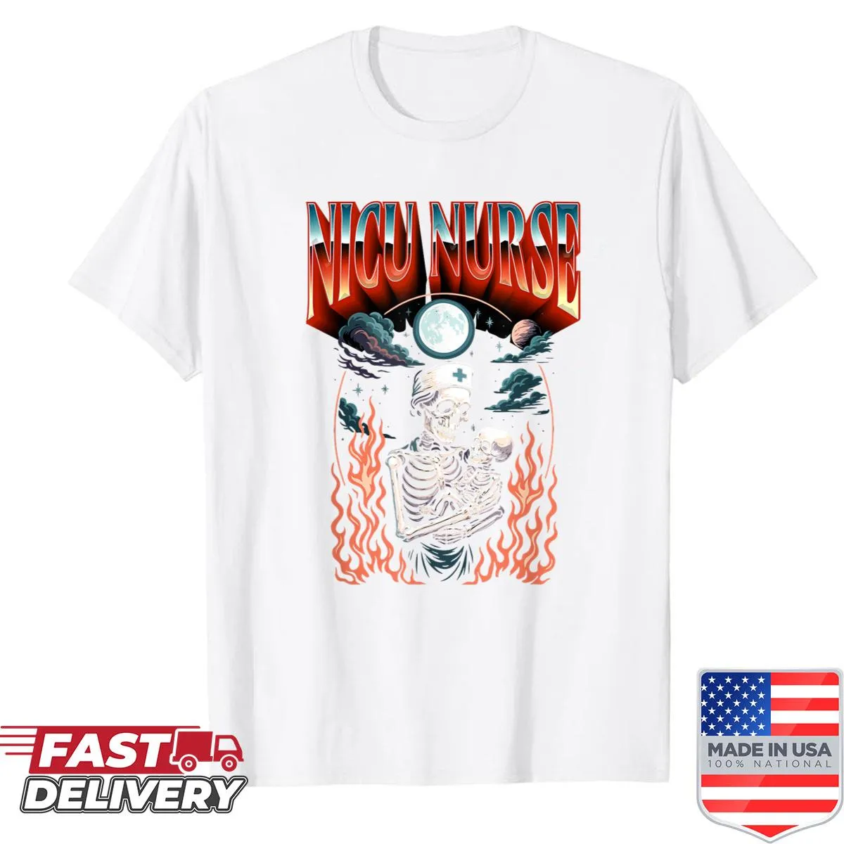 Cartoon-style NICU nurse shirt with tarot and rock band themes