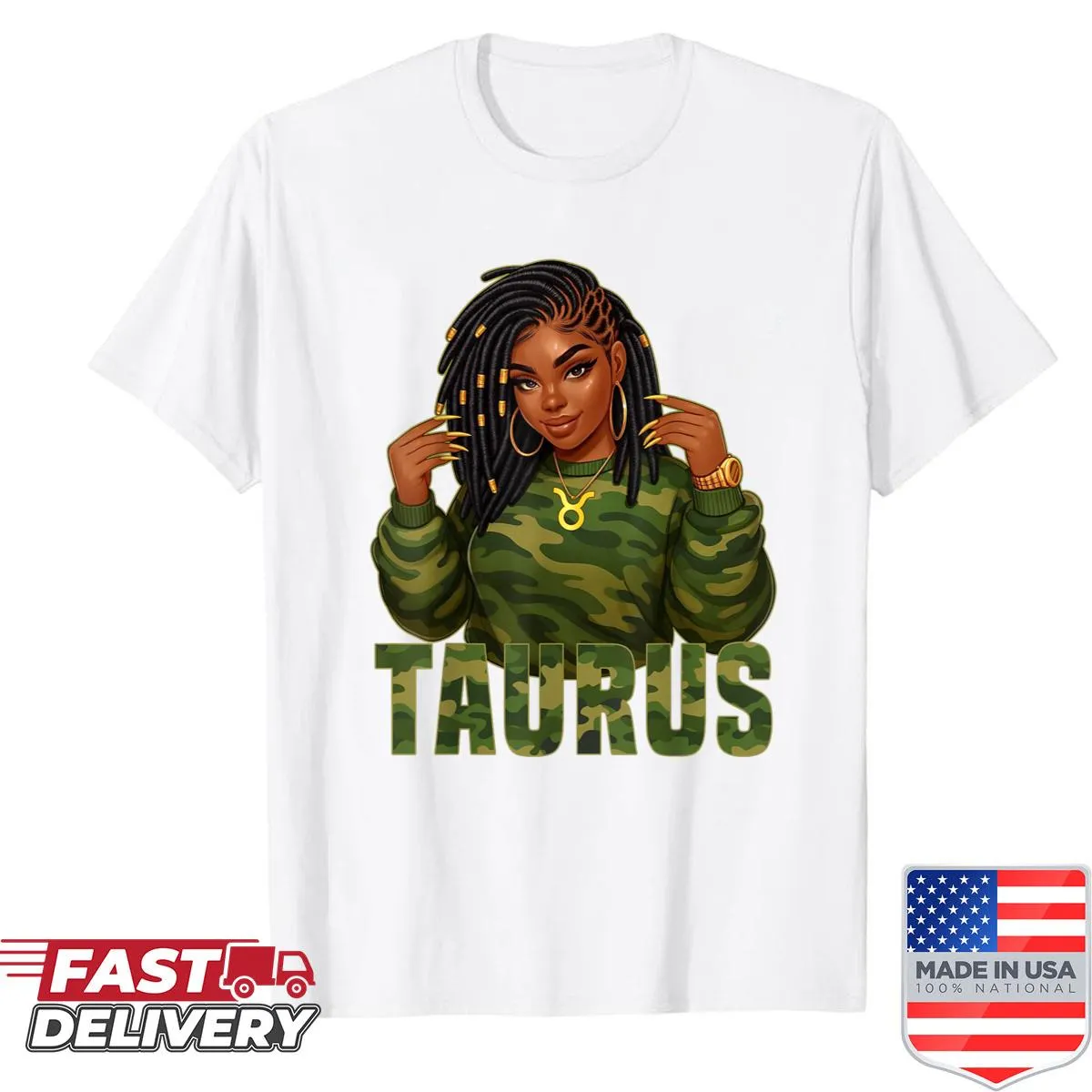 Taurus zodiac sign shirt featuring a black woman with locs in camo.