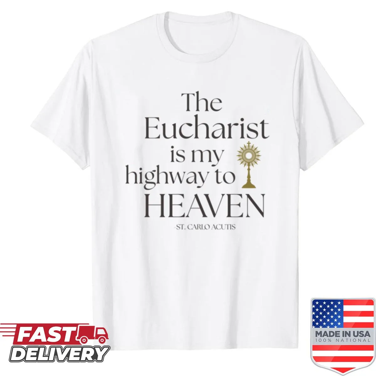 Shirt with the phrase 'My Highway To Heaven' in homage to St Carlo Acutis