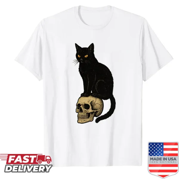 Gothic Halloween design featuring a black cat on a skull