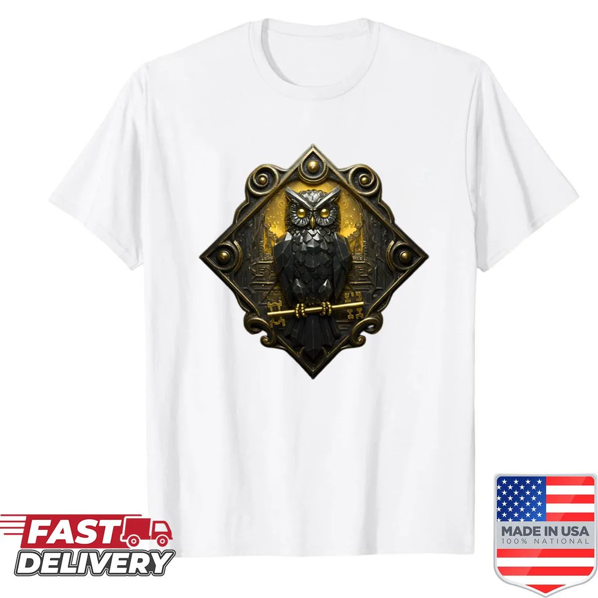 Illustrated shirt featuring a wise owl with whimsical elements.