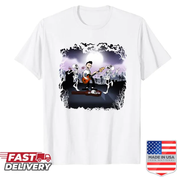 Cartoon skeleton design on a humorous shirt