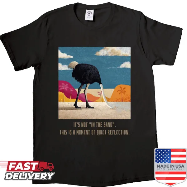 Whimsical illustration of an ostrich on a casual shirt