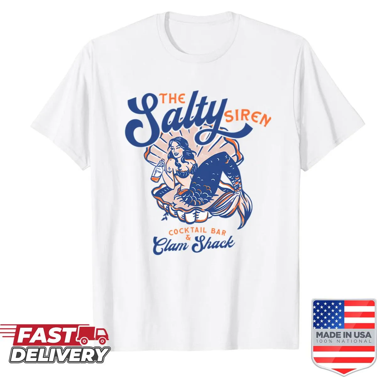 Cute retro mermaid shirt with cocktail and clam illustrations