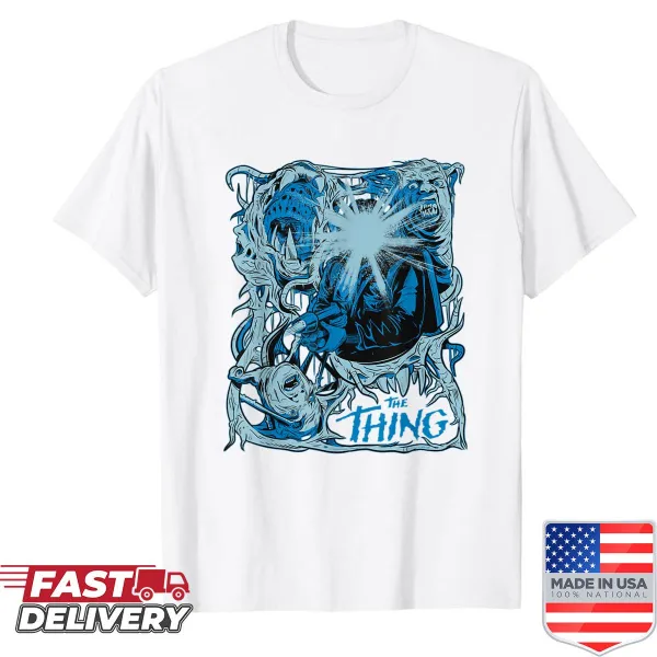 Comic style shirt featuring panels from a horror story.