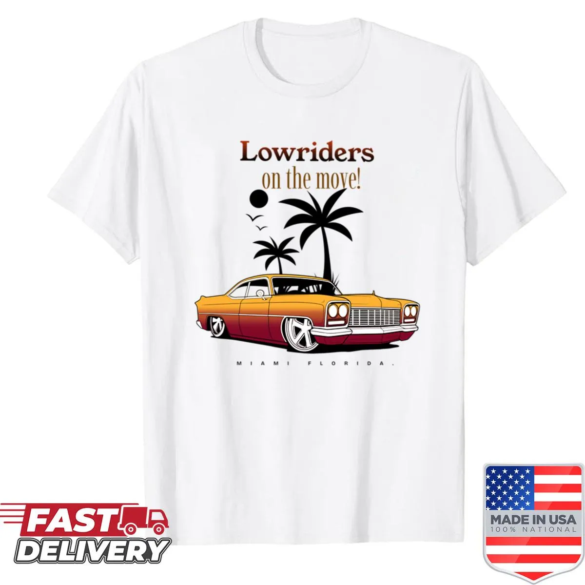 Cartoon illustration of a lowrider in motion, celebrating Miami culture