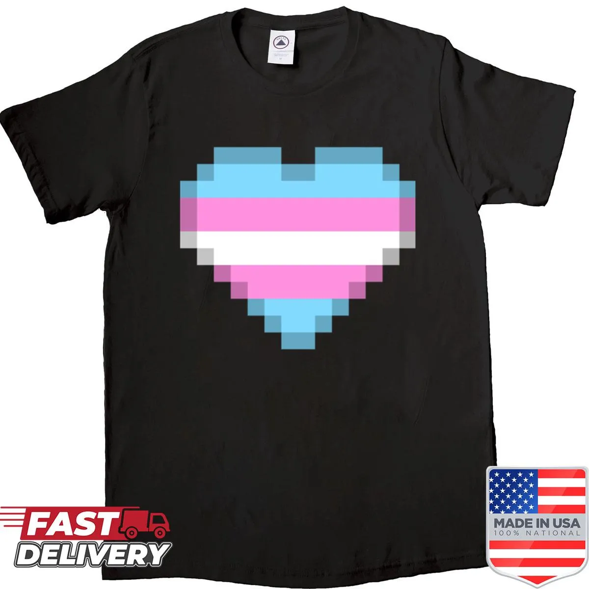 Pixel art heart T-shirt representing Trans pride