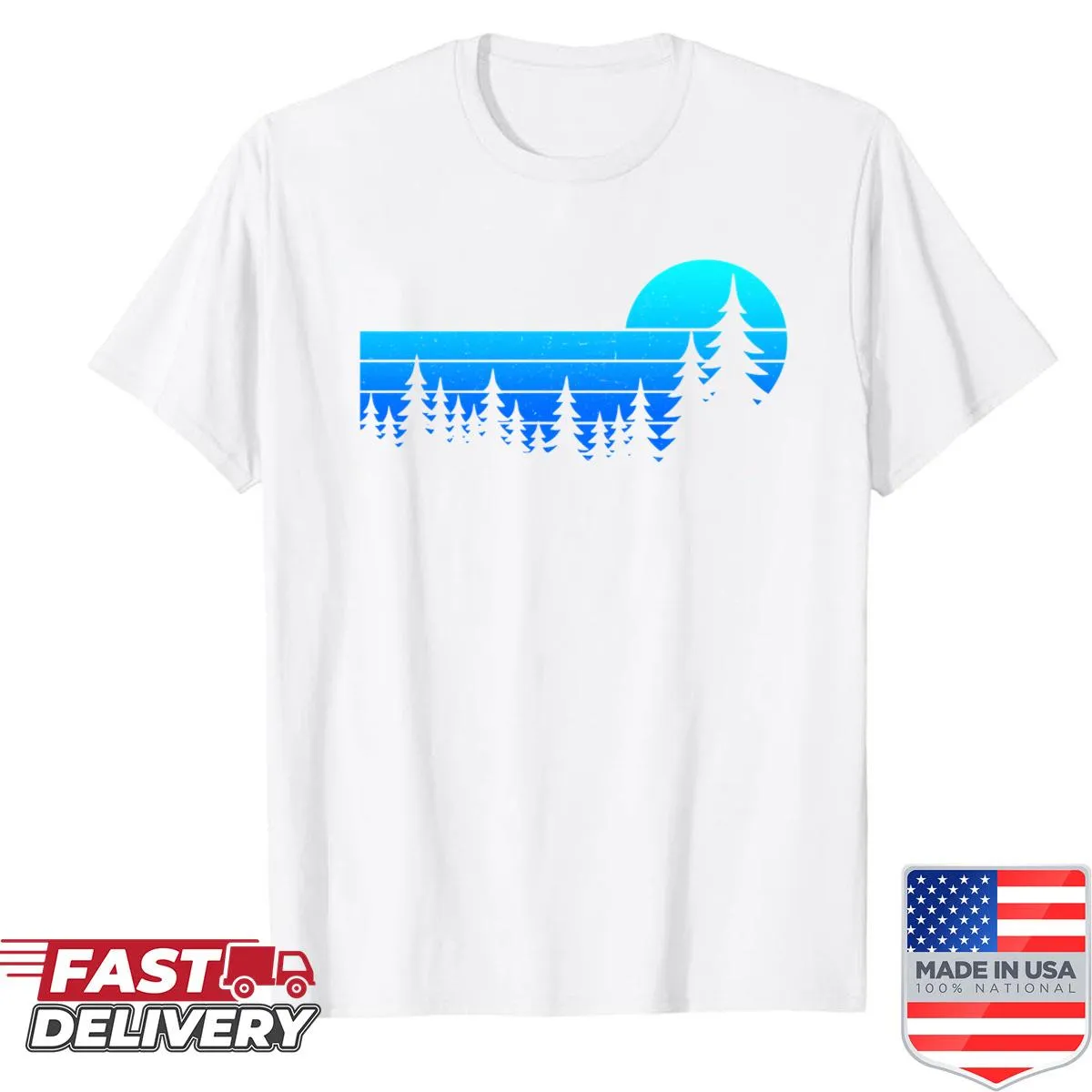 Illustrated forest scene with trees and sunset on an adventure shirt